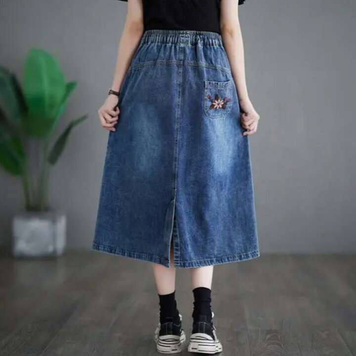 楽天市場】 デニム ウエストゴム 刺繍 ロングスカート バックスリット 