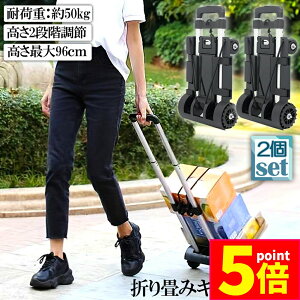 ★ポイント5倍 マラソンセール★キャリーカート 折り畳み 台車 2台セット 軽量 静音 ハンドキャリー 荷物運ぶカート 耐荷重50kg 固定ロープ付き 滑り止め コンパクト 高さ調節 4輪 固定ロープ