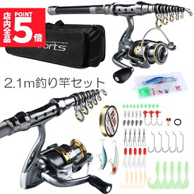 ★期間限定！最大20%OFF★釣りセット 初心者 釣り竿セット 2.1m 炭素伸縮ロード スピニングリール 釣りフックセット 釣り糸 収納袋付き 海釣り 川釣り 淡水釣り 携帯便利 軽量 プレゼント