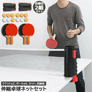 卓球セット 2組セット 卓球ラケット ピンポン球 ポータブル 卓球ネット 調整可能 ラケット 伸縮ネット 練習器具 ピンポン ロールネット スポーツ用品 卓球台 収納バッグ付き 卓球用品 屋内