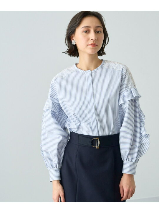 ANAYI アナイ コットンシルクレースコンビブラウス blue 38サイズ