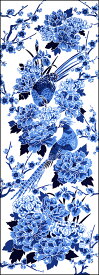 手ぬぐい「染付 四季花鳥 地白」キジ／牡丹／菖蒲／菊／梅／吉祥文様／ブルー／紺／青花／染付／てぬぐい