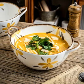 【2個セット】陶器 ボウル セット 20cm 1.5L レンジ対応 スープボウル 大きめ 耐熱ボウル 電子レンジOK 食洗機対応 深型 深い 足つき 取っ手付き 皿 スープ皿 お鍋 鍋 麺 パスタ 洗いやすい 花柄 おしゃれ かわいい キッチン 2点セット レトロ