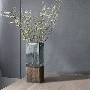 【クリアグリーンガラス×ウッド スクエア ラージ】インテリア 花瓶 ガラス ウッド