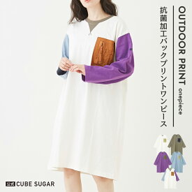 【30%OFF】ワンピース / 公式 CUBE SUGAR OE天竺 カットソー 抗菌防臭 ポケット付 ワンピース (5色): アメカジ レディース トップス プルオーバー クルーネック 長袖 バックプリント カジュアル キューブシュガー