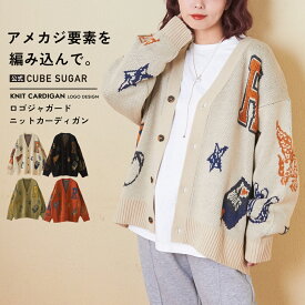 【楽天スーパーSALE★30%OFF】【秋冬新作】カーディガン / 公式 CUBE SUGAR カレッジ ロゴ モチーフ ジャガード ニット カーディガン (4色) : アメカジ レディース トップス カーデガン 長袖 羽織り Vネック 前開き セーター カジュアル キューブシュガー