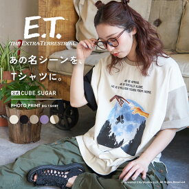 【セール除外商品】【春新作】ロゴTシャツ / 公式 CUBE SUGAR 21/-OE天竺 E.T. フォトプリント Tシャツ (5色): アメカジ レディース トップス 半袖 映画 綿100% プルオーバー カットソー キャラクター カジュアルキューブシュガー