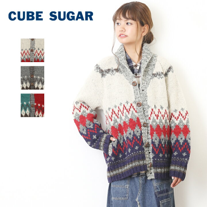 楽天市場】CUBE SUGAR 手編みカウチンショールカラーカーディガン(3色 