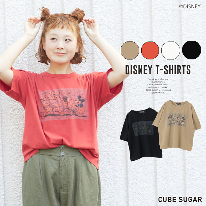 楽天市場 ミッキーデザインtシャツ Cube Sugar 天竺 ミッキーデザイン ビッグクルー 4色 レディース トップス Tシャツ 半袖 ミッキー ディズニー コットン クルーネック And Cube Sugar