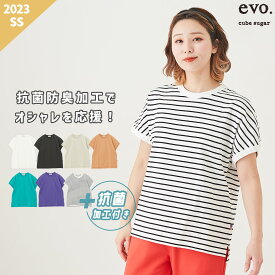 【30%OFF】ボーダーTシャツ / cube sugar evo. (キューブシュガーエボ) WEB限定 抗菌加工 USコットン 天竺 × フライス フレンチスリーブ (7色): レディース トップス Tシャツ 丸首 無地 ノースリーブ 半袖 アメカジ