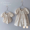2種類　キッズ　ベビー　バッククロスワンピース　バッククロスロンパース　韓国子供服　66cm〜1300cm　60　70　80　90　100　110　120　130　ナチュラル　姉妹　双子　ペア　リンク　コーデ　お揃い　おそろ　バッグクロス　春　夏　秋　ギャザー　パフスリーブ　淡色