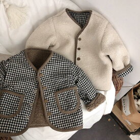 2カラー　キッズ　もこもこチェックリバーシブルコート　韓国子供服　80cm〜130cm