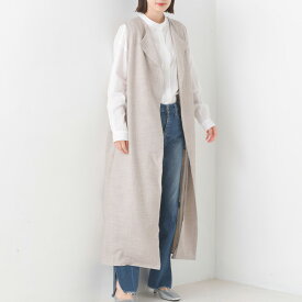 【hbB】【OMNES】ストレッチ杢ノーカラーロングジレ レディース ロングベスト スーツ生地 ロング丈 春アウターきれいめ カジュアル フリーサイズ 杢調 HAPTIC ハプティック