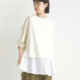 【OMNES】アムンゼン(梨地)ショート丈裾フレアアンサンブル5分袖 レディース フリーサイズ カットソー インナーセット インナータンク付き カジュアル トップス Tシャツ タンクトップ HAPTIC ハプティック