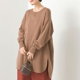 【hbB】【OMNES】スウェットライクニット裾ラウンドチュニック レディース カジュアル フリーサイズ クルーネック 長め丈 無地 HAPTIC ハプティック