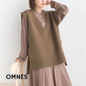 【hbB】【OMNES】アクリルウール Vネックニットベスト レディース フリーサイズ カジュアル 深Vネック 秋冬 ナチュラル サイドスリット HAPTIC ハプティック