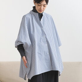 【OMNES】テックコットンワイドシルエットポンチョシャツブラウス レディース カジュアル フリーサイズ ボタン 7分袖 シャツ 無地 ストライプ柄 チェック柄 きれいめ キレカジ シンプル コットンライクシャツ イージーケア