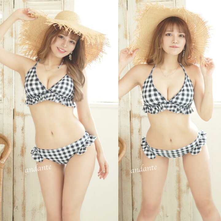楽天市場 水着 ビキニ レディース セパレート ギンガムチェック 三角ビキニ M L Xlフリル 盛れる 夏 2点セット ノンワイヤー パット入り パット付き ホルターネック ブラック 黒 リボン アパレル通販andante