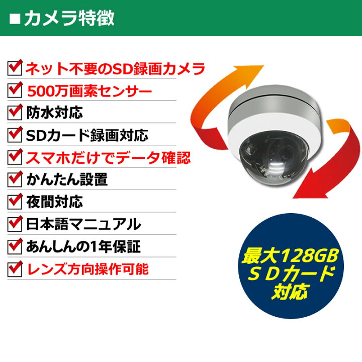 楽天市場】防犯カメラ sdカード録画 ドーム型 500万画素 PTZ 