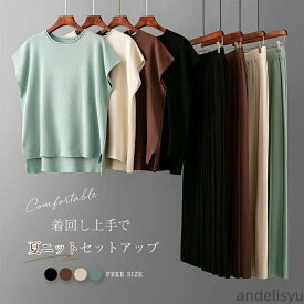 【本日P5倍＆100円OFFクーポン】ニット 春夏 セットアップ レディース 夏 ニットセーター プルオーバー プリーツ ワイドパンツ トップス