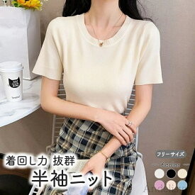 【本日P5倍＆100円OFFクーポン】スプリングニット サマーニット ベーシック 半袖 ニット ラウンドネックソフト 柔らか リブ のびのび クルーネック インナー 丸首 無地 シンプル 伸縮性 通勤