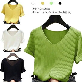 【本日P5倍＆100円OFFクーポン】【送料無料】細見せ 縦ライン Tシャツ 無地 薄手 ライトニット インナー プルオーバー トップス 夏 春 レディース リブニット 半袖 Vネック