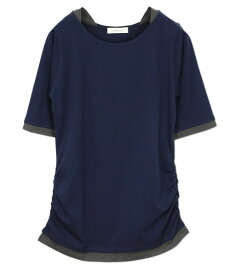 ★カットソー 半袖 5分袖 レディーストップス Tシャツ ロング丈 フェイクレイヤード くしゅくしゅ シャーリング レイヤード インナー 重ね着風 綿100％ コットン ロングtシャツ プルオーバー 春 夏 秋 M L LL 3L 4L メール便5