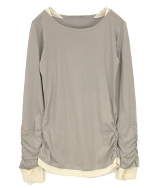 ロンt カットソー レディース トップス 長袖 Tシャツ レイヤード風 重ね着風 綿100％ コットン100％ ロング丈 ロングTシャツ フェイクレイヤードくしゅくしゅシャーリングカットソー 春夏秋冬 サイズ豊富 M L LL 3L 4L メール便5