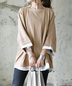 Tシャツ レディース 異素材レイヤードゆるTシャツ【受注発注】【メール便10】【M-L】【LL-3L】【4L-5L】春夏 トップス Tシャツ ブラック カーキ グレーベージュ ココア カットソー 楽ちん ゆったり ワイド 大きめ 無地 ラフ カジュアル 大人可愛い コットン100％ 綿100％