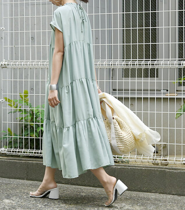 楽天市場 ワンピース 夏 レディース リネンライクティアードマキシワンピース メール便不可 M L 春夏 ワンピ サックス グレージュ ブラック マキシ丈 ティアードワンピース 楽ちん 上品 大人可愛い 体型カバー フレンチスリーブ ゆったり ラフ ナチュラル