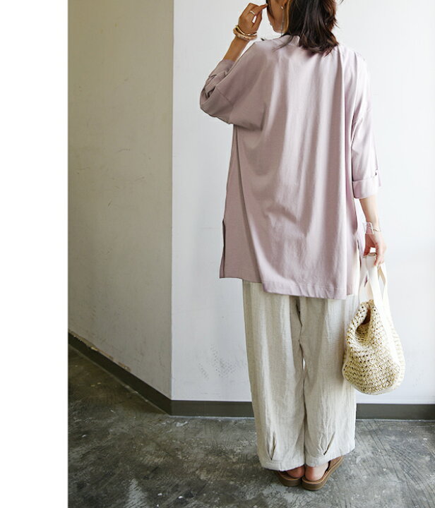 楽天市場 Tシャツ レディース リブハイネックビッグtシャツ メール便10 M L トップス カットソー 春夏 オフホワイト 白 ブラック 黒 ベージュ パープル 紫 カーキグリーン 緑 ビック ワイド 大きめ ゆったり ルーズ 体型 カバー 楽ちん ラフ 半袖 無地 シンプル