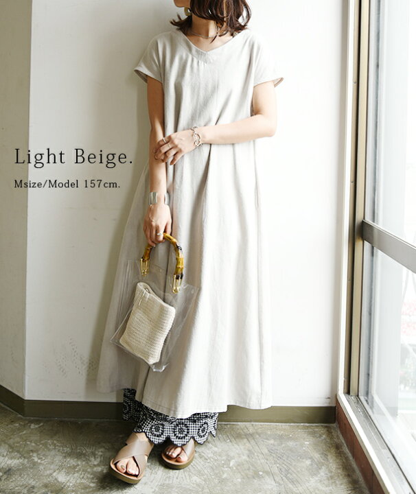 楽天市場 ワンピース 夏 レディースリネンミックスバックリボンワンピース メール便不可 M L レディース ワンピ 春夏 ライトベージュ テラコッタ カーキ チャコール ロングワンピ 涼感 麻 リネン 大人可愛い カジュアル 半袖 リネンミックス フレアシルエット V