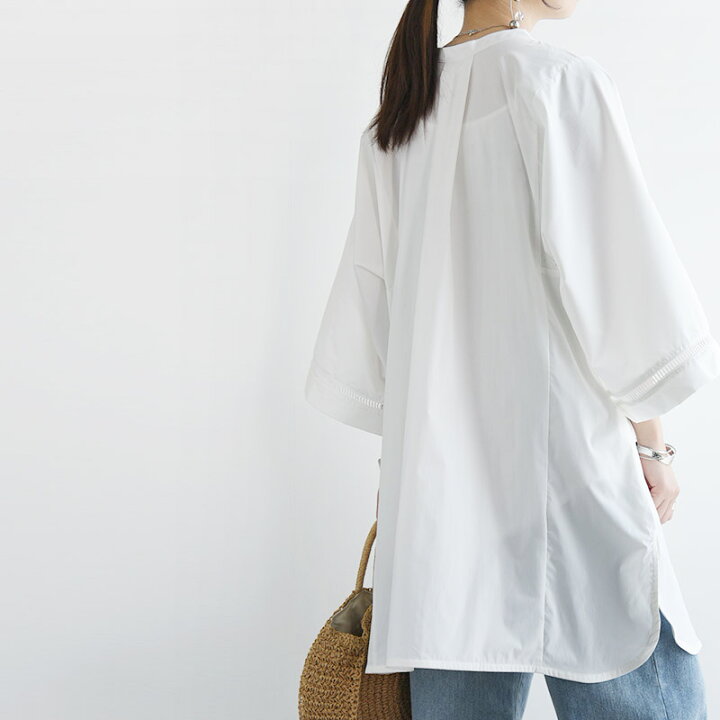 楽天市場 シャツ レディース おしゃれ フレアスリーブビッグサイズシャツ 薄手 きれいめ 丈長め ロング バンドカラー 無地 春夏 襟付き オーバーサイズ チュニック ロング丈 前開き 七分袖 ブラウス 白 ホワイト スカイブルー タン F メール便10 アンドイット And It