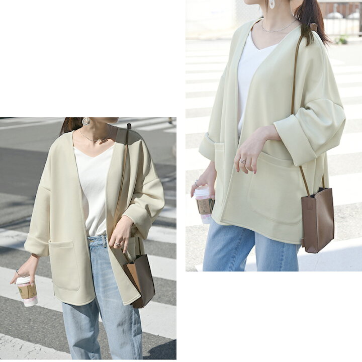 楽天市場 ジャケット レディース 秋 カットポンチジャケット 薄手 襟なし カジュアル ジャージ ストレッチ ノーカラー ライトアウター 羽織り 長袖 ゆったり 無地 ワイド ポケット付き アイボリー ベージュ ブラック 黒 モカ ｍ メール便不可 アンドイット And It