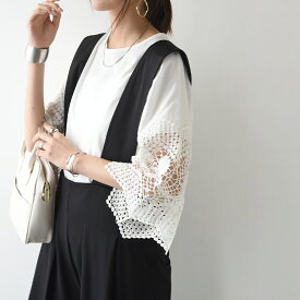 【クーポンで2960円 7/11 17:59まで】カットソー レディース 春夏 半袖 レーススリーブカットソー トップス Tシャツ ティーシャツ tシャツ レース 涼感 二の腕カバー オフホワイト ブラック アッシュピンク 黒 白 シンプル M L メール便5