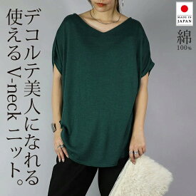 レディース Vネックドルマンプルオーバー トップス 半袖 薄手 ニット カットソー 日本製 安心 シンプル 無地 すっきり 楽ちん 着回し ブルー グリーン マスタード オレンジ ブラック 春 夏 秋 冬 F メール便10