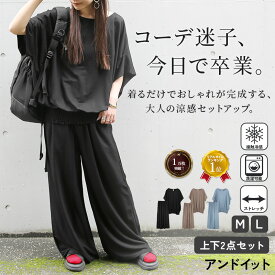 8/22(土)11:59迄【クーポンで2100円OFF】セットアップ レディース 半袖 接触冷感 上下セット ワイドパンツ プルオーバー カジュアル 体型カバー ゆったり 夏 40代 50代 M L ひんやりタッチ ワイドパンツ 2点set 冷感素材 涼感素材 夏 クール メール便不可