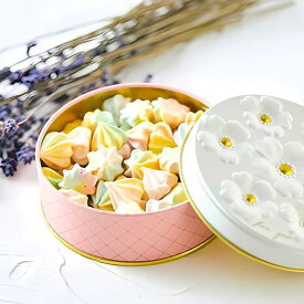メレンゲ菓子メレンゲ三重奏・バニラ（フラワー缶） 1缶 25g／メレンゲクッキー フラワー缶 可愛い おしゃれ ギフト プレゼント スイーツ とける 食感 バニラ サクサク 甘さ控えめ 無添加 常温保存 プチギフト 誕生日 贈り物 お祝い 人気 国産