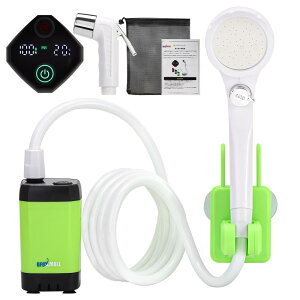 【 加圧シャワーヘッド+ 収納袋】 ポータブルシャワー 電動シャワー アウトドア キャンプ用品 水圧強い 節能モード付き 長持ち運転140分間 無段階水量調節6000mah 緑 車中泊 食器洗い 防災 グ