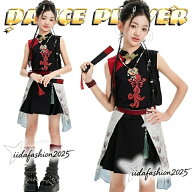 【期間限定★最大300円OFFクーポン】 中華風 k-pop 衣装 女の子 赤黒 ダンス衣装 キッズ セットアップ へ…