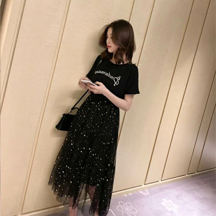 楽天市場】チュール切り替え Tシャツワンピース ワンピース レディース 