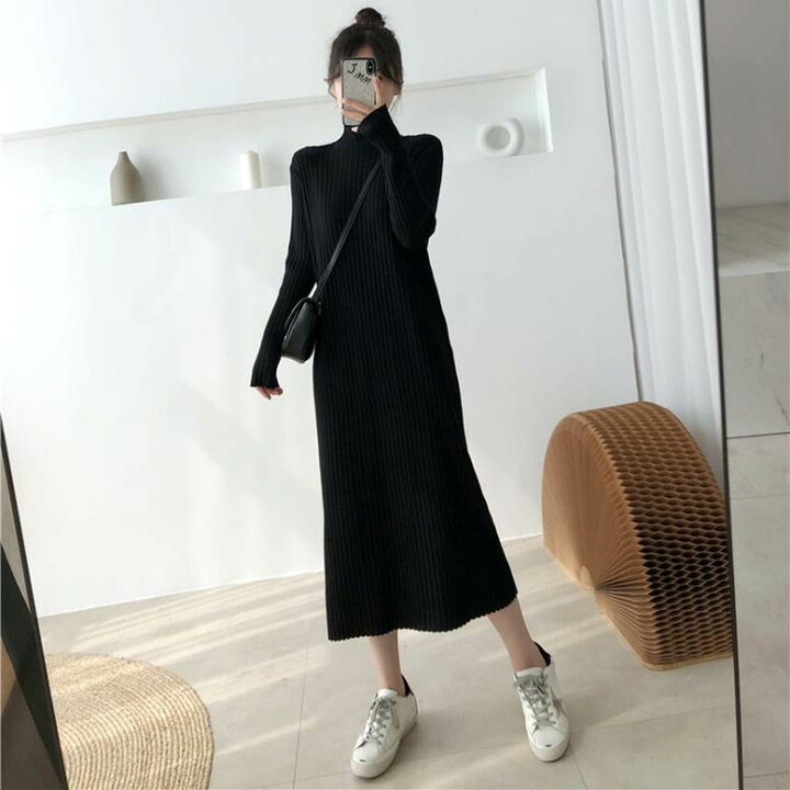 楽天市場】ワンピース ハイネック リブニット ロングワンピース  