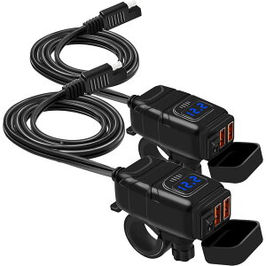 バイク用 USB充電器 SAE対応 USB2ポート クイックチャージ QC3.0 急速充電 電圧表示 電源スイッチ 配線簡単 Quick Charge 3.0 2台同時充電対応 マルチ充電器 DC12V 電源アダプター