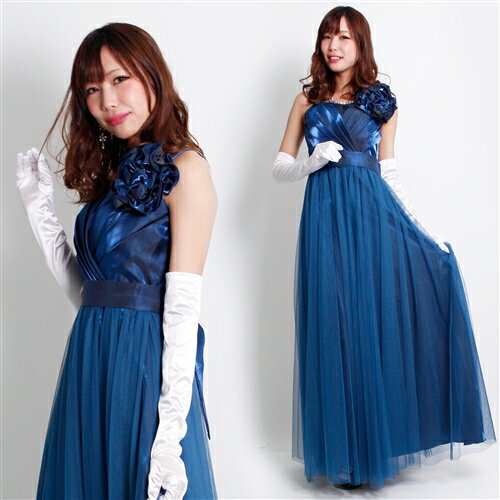 BIGコサージュ付き胸元プリーツハイウエストプリンセスドレス