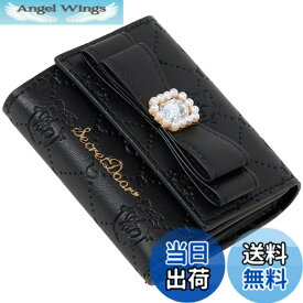 【送料無料】[SecretDoor] 三つ折り財布 ミニ財布 小さい カード ボックスコイン お札入れ ビジュー リボン パール 型押し 総柄 色：ブラック
