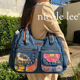 2024 新作 数量限定 NICOLE LEE ニコールリー JS16753 BUTTER-FLOWER DENIM SHOULDERBAG レディース デニム フラワーワッペン 蝶 ショルダーバッグ キラキラビジュー ハンドバッグ インポート 海外ブランド スタッズ バック nicole lee ニコルリー 大きめトート