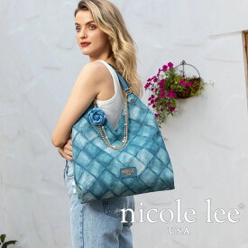 数量限定 NICOLE LEE ニコールリー P17089 ブルーフラワー ラージショルダーバッグ レディース デニム キルティングパッチワーク 刺繍 通勤通学 nicolelee ニコルリー オトナカジュアル パール チェーン エレガント 上品 コサージュ ダイヤステッチ ローズ 薔薇