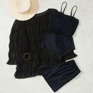 クーポンで4980円【ラッシュガード水着4点セット】レディース 体型カバー セパレート ギャザー シャーリング タンキニ 長袖シアーシャツ アウター ショートパンツ フリル 大きいサイズ 黒