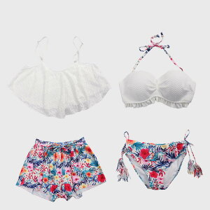 【ビキニ水着4点セット】レディース 体型カバー レース タンクトップ キャミソール フリル バンドゥ ワイヤー入り ショートパンツ セパレート バックシャン 大きいサイズ 小胸 盛れる お腹/