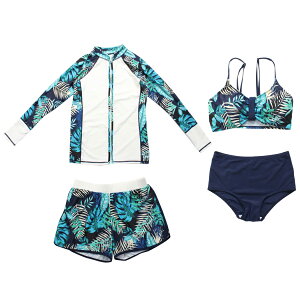 【ビキニ水着4点セット】レディース 体型カバー 長袖 ラッシュガード ノンワイヤー スポーツブラ ショートパンツ セパレート 大きいサイズ 10/20/30/40代 小胸 盛れる 二の腕/お腹/太もも/お尻